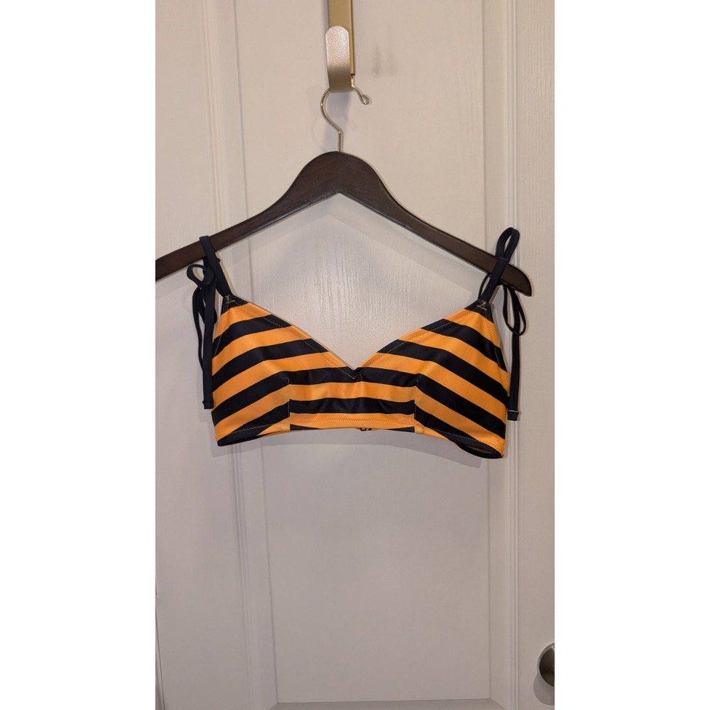 Women Aerie Contrast Striped Tie Shoulder Bikini Top Swim Yellow Navy Large New‎